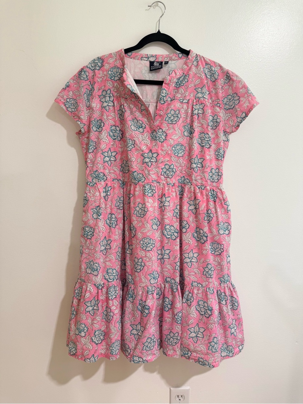 Madison Mathews Pink Floral Block Print Tiered Mini Dress XL 100% Cotton
